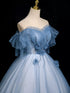 Blue A-Line Tulle Off Shoulder Beaded Sweetheart Party Dress,  Long Blue Prom Dress